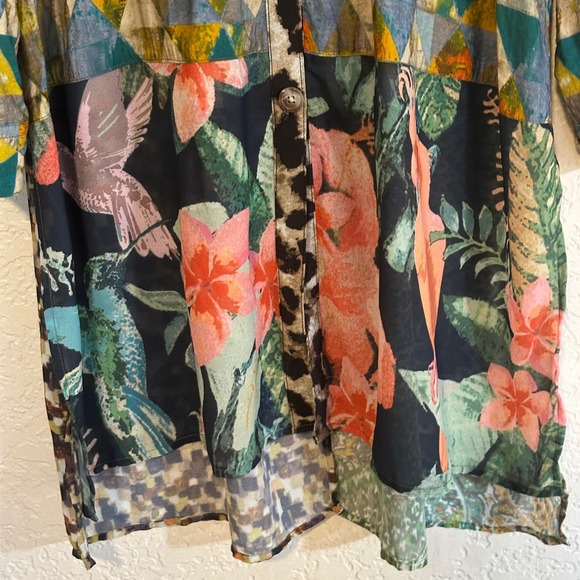 JOHN MARK Patchwork Geometric Floral Print Long Sleeve Shirt Dress Size L Birds - Picture 16 of 16